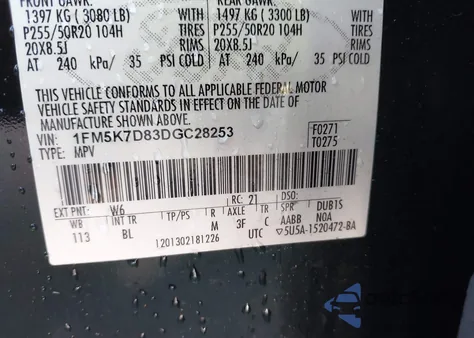 2013 Ford Explorer Xlt z USA, uszkodzony, nr VIN 1FM5K7D83DGC28253